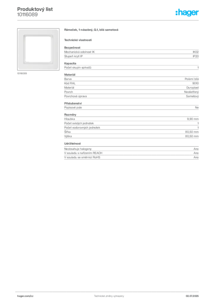 Obrázek Hager Product data sheet 10116089 | Hager
