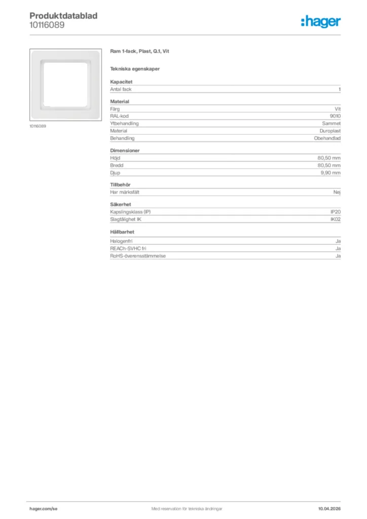 Bild Hager Produktdatablad 10116089 | Hager Sverige