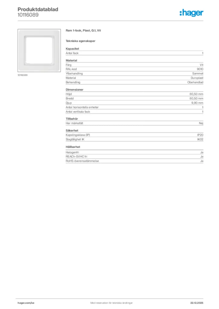 Bild Hager Produktdatablad 10116089 | Hager Sverige