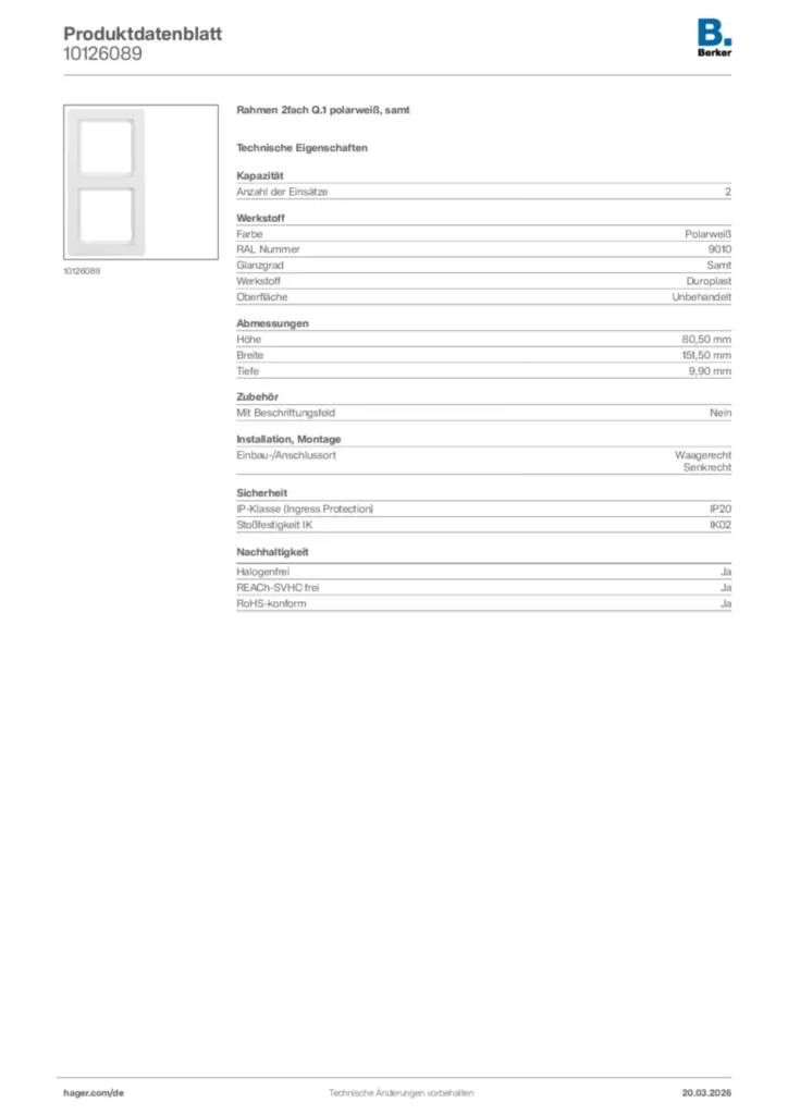 Bild Berker Produktdatenblatt 10126089 | Hager Deutschland