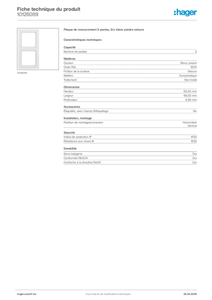 Image Hager Fiche technique du produit 10126089 | Hager Belgique