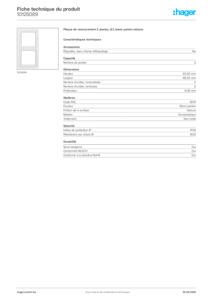 Image Hager Fiche technique du produit 10126089 | Hager Belgique