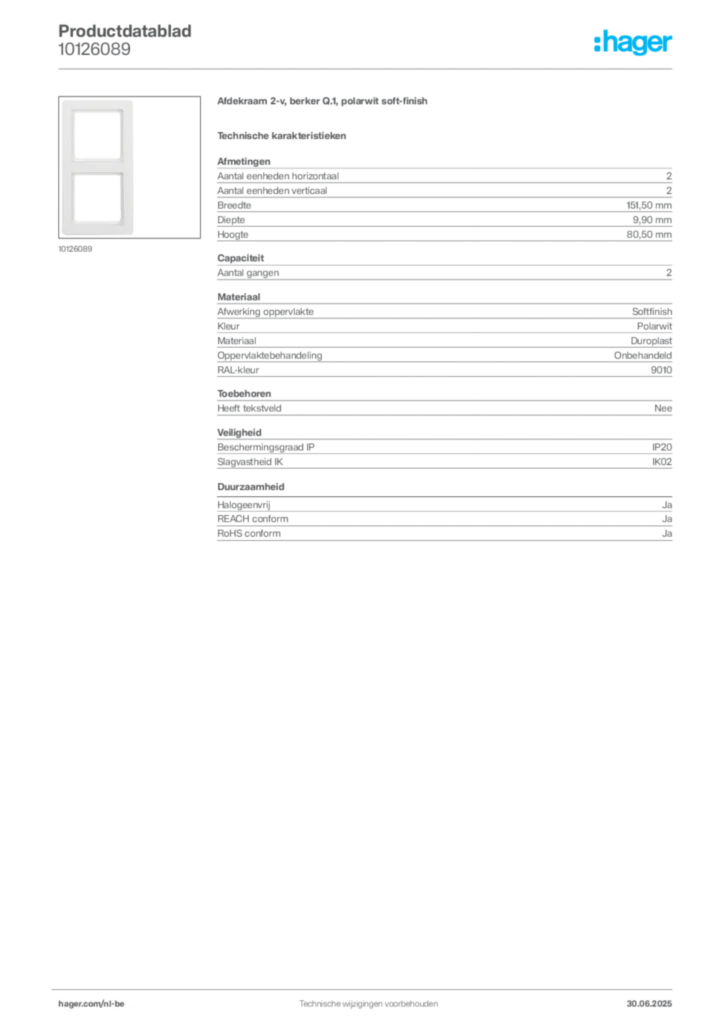 Afbeelding Hager Productdatablad 10126089 | Hager Belgium
