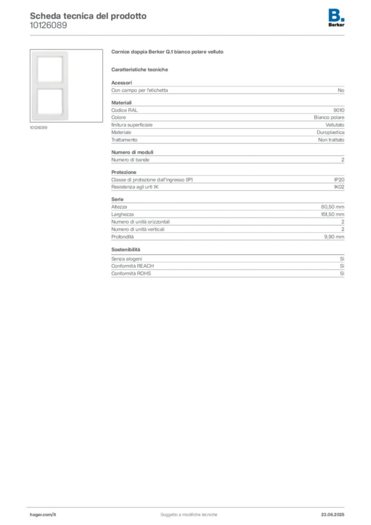 Immagine Berker Scheda tecnica del prodotto 10126089 | Hager Italia