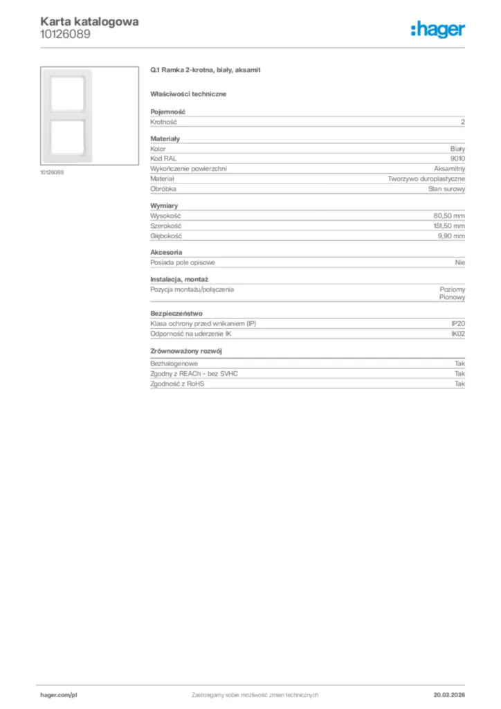 Zdjęcie Hager Karta katalogowa 10126089 | Hager Polska