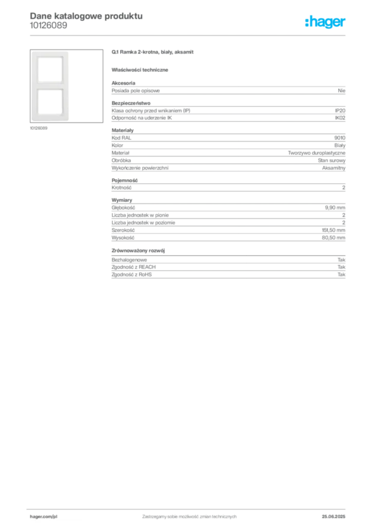Zdjęcie Hager Dane katalogowe produktu 10126089 | Hager Polska