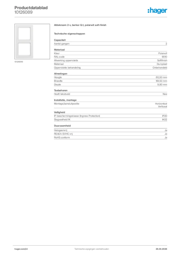 Afbeelding Hager Productdatablad 10126089 | Hager Nederland