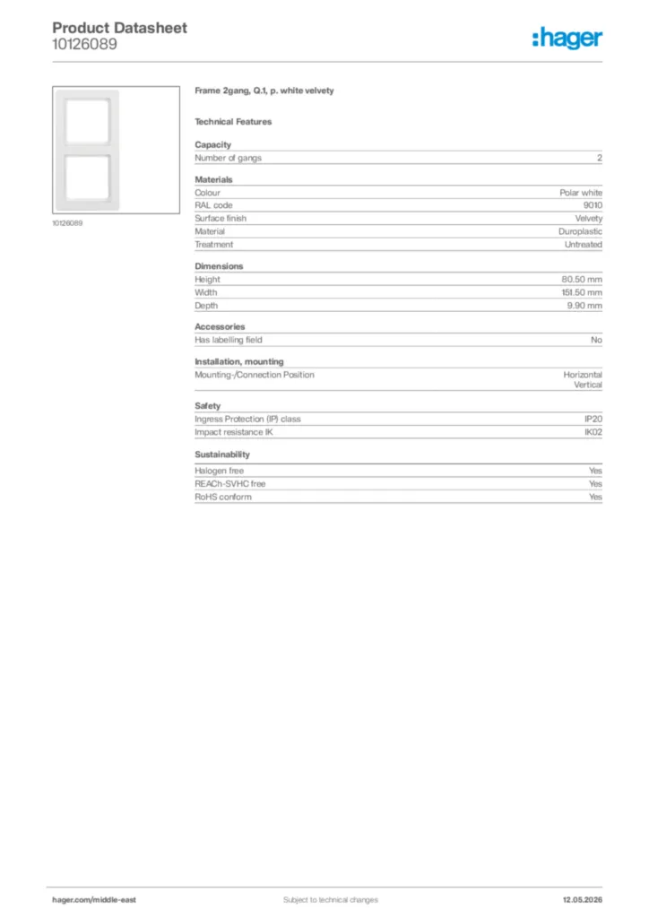 Image Hager Product data sheet 10126089  | Hager