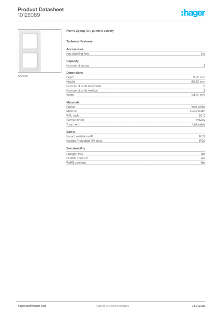 Image Hager Product data sheet 10126089  | Hager