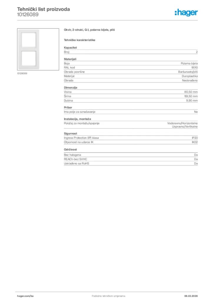 Slika Hager Tehnički list proizvoda 10126089  | Hager