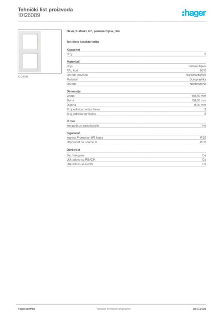 Slika Hager Product data sheet 10126089  | Hager