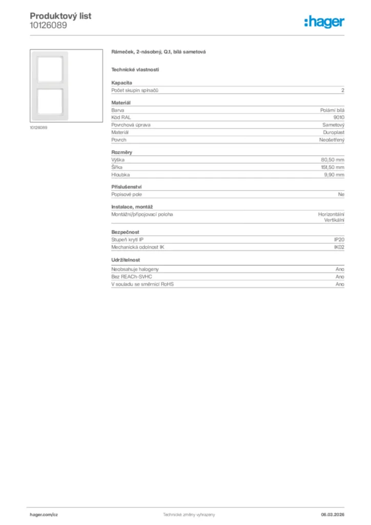 Obrázek Hager Product data sheet 10126089 | Hager