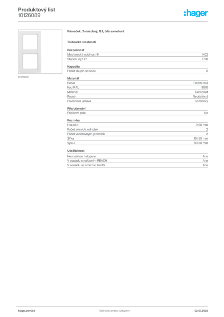 Obrázek Hager Product data sheet 10126089 | Hager