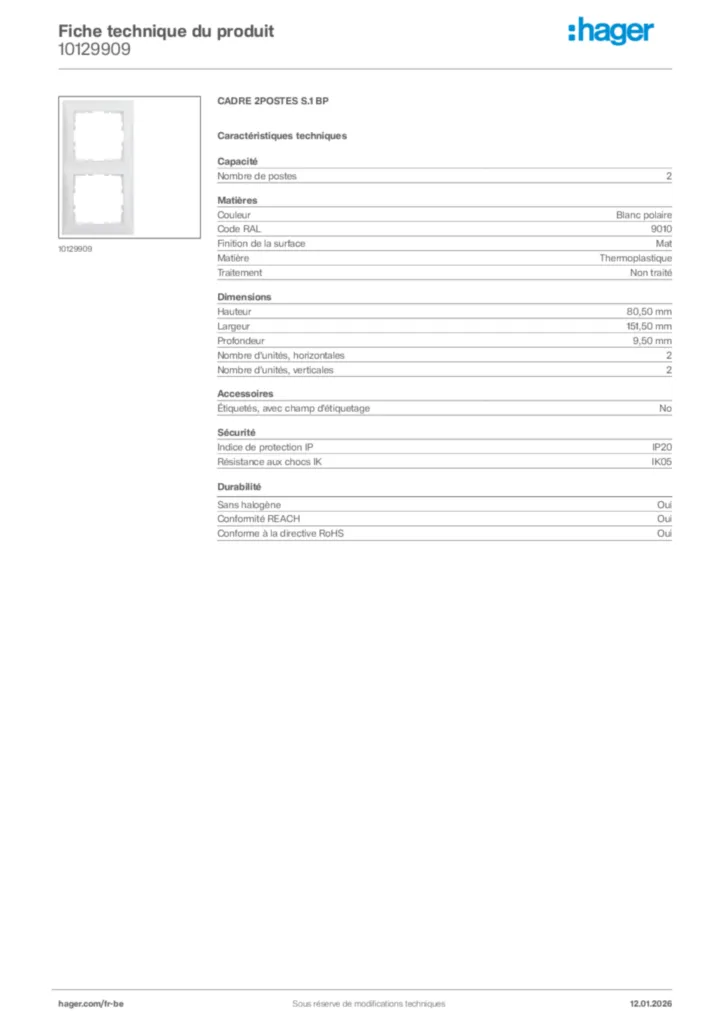 Image Hager Fiche technique du produit 10129909 | Hager Belgique
