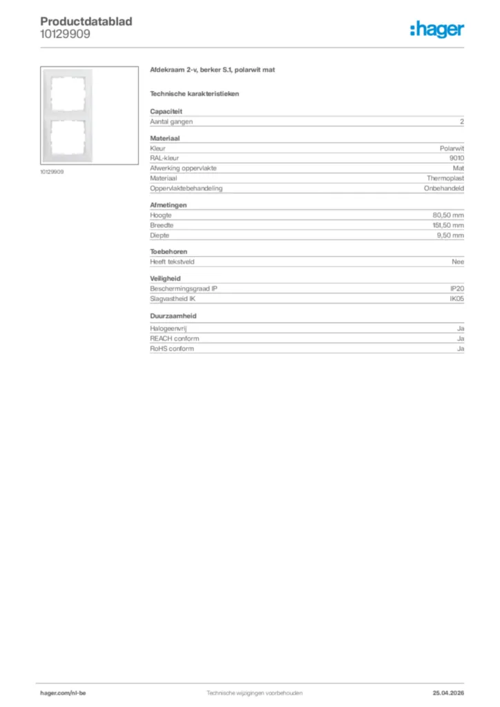 Afbeelding Hager Productdatablad 10129909 | Hager Belgium