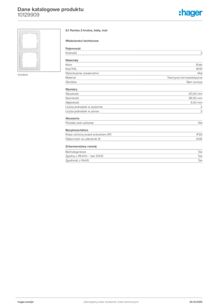 Zdjęcie Hager Dane katalogowe produktu 10129909 | Hager Polska