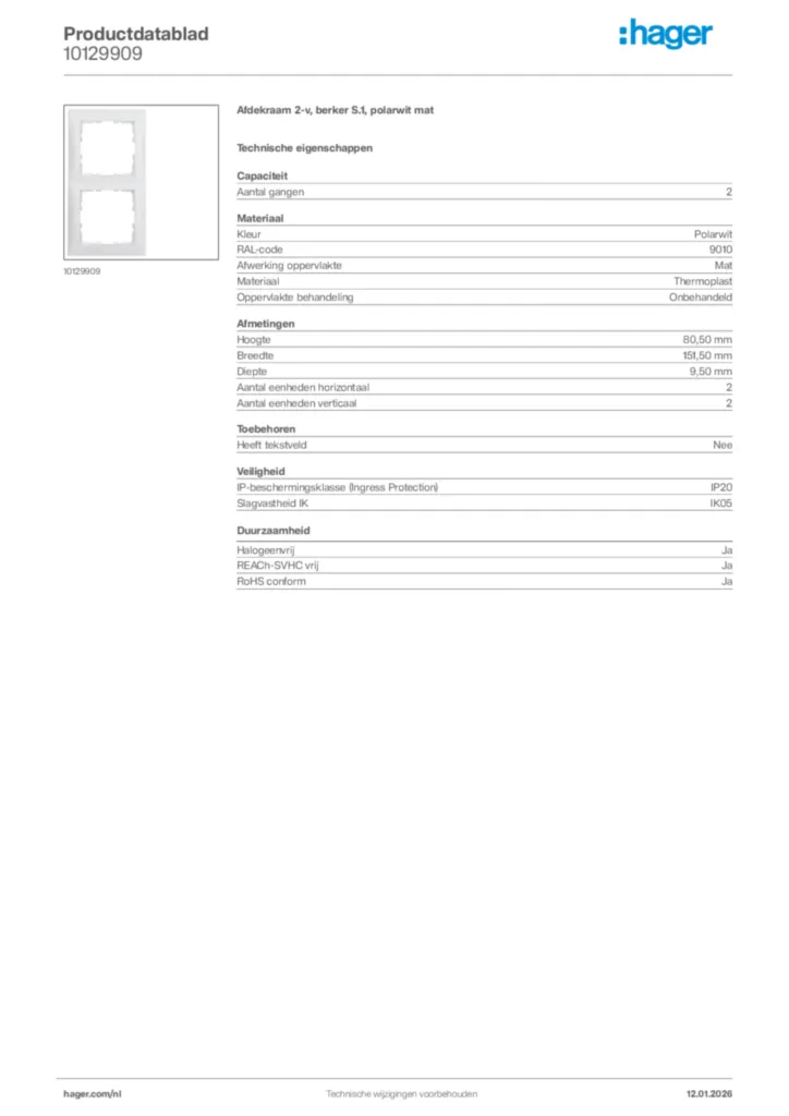 Afbeelding Hager Productdatablad 10129909 | Hager Nederland