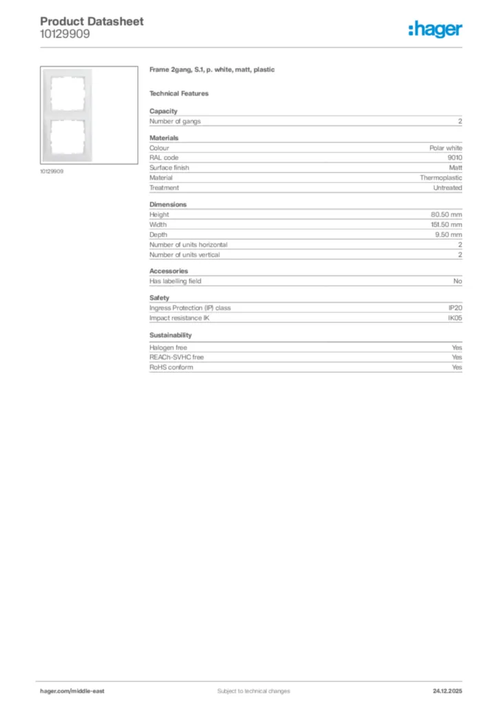 Image Hager Product data sheet 10129909  | Hager