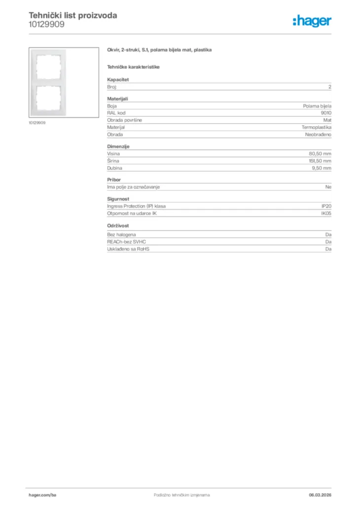 Slika Hager Tehnički list proizvoda 10129909  | Hager