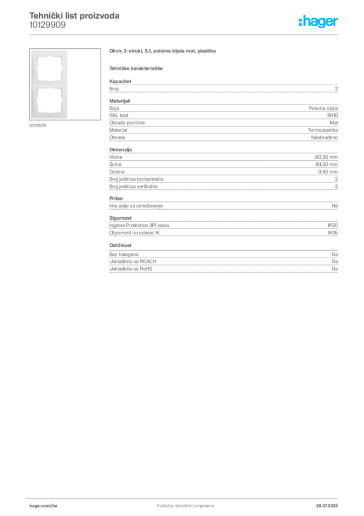 Slika Hager Product data sheet 10129909  | Hager