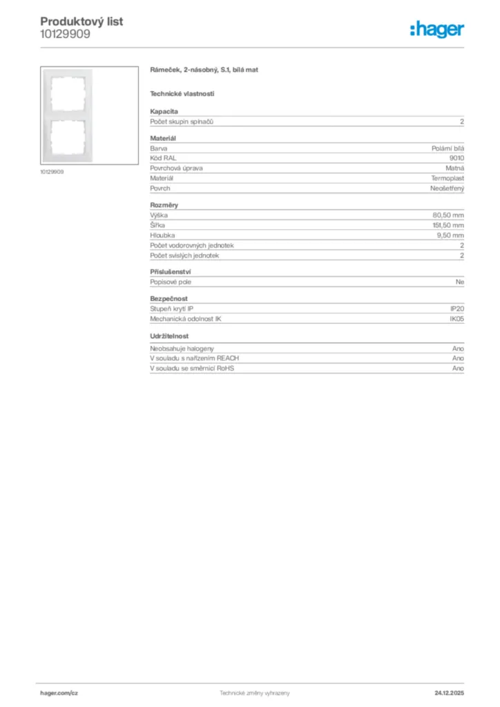 Obrázek Hager Product data sheet 10129909 | Hager