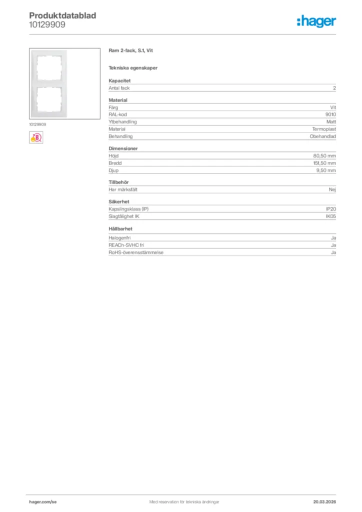 Bild Hager Produktdatablad 10129909 | Hager Sverige