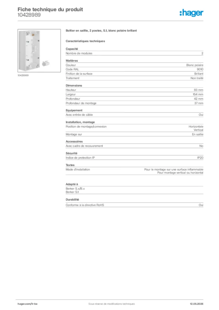 Image Hager Fiche technique du produit 10428989 | Hager Belgique