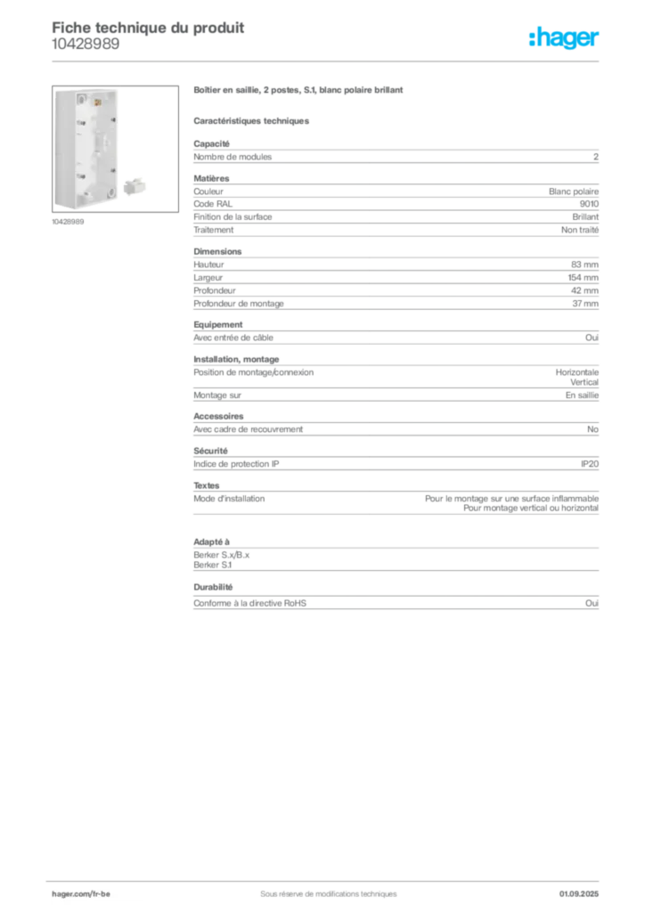 Image Hager Fiche technique du produit 10428989 | Hager Belgique