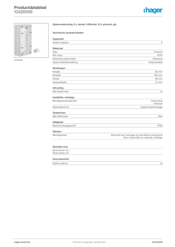 Afbeelding Hager Productdatablad 10428989 | Hager Belgium