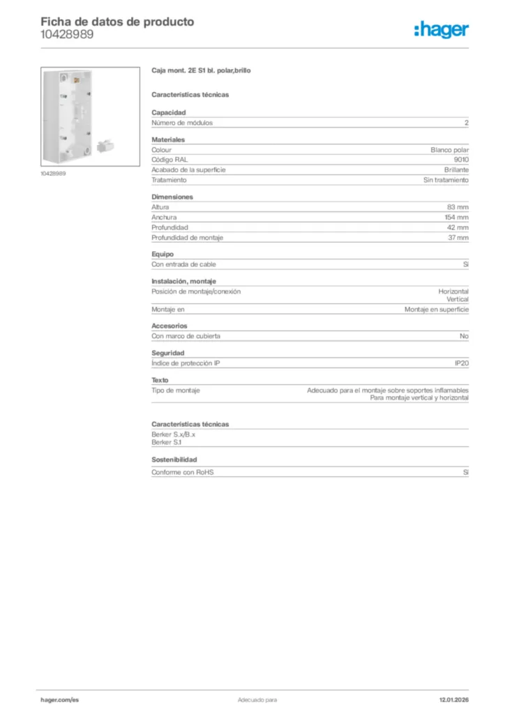 Imagen Hager Ficha de datos de producto 10428989 | Hager España