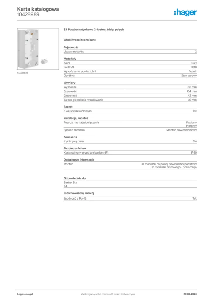 Zdjęcie Hager Karta katalogowa 10428989 | Hager Polska