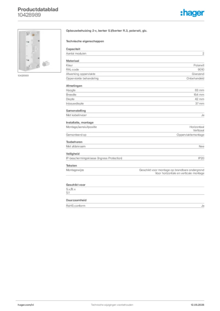 Afbeelding Hager Productdatablad 10428989 | Hager Nederland