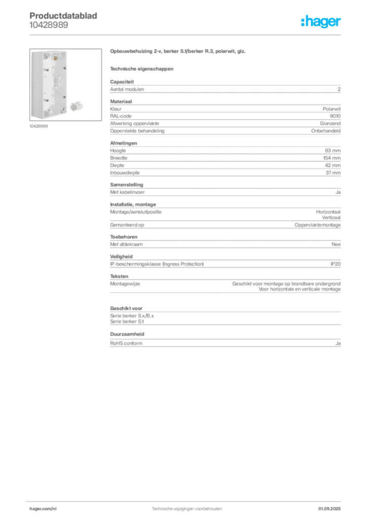Afbeelding Hager Productdatablad 10428989 | Hager Nederland