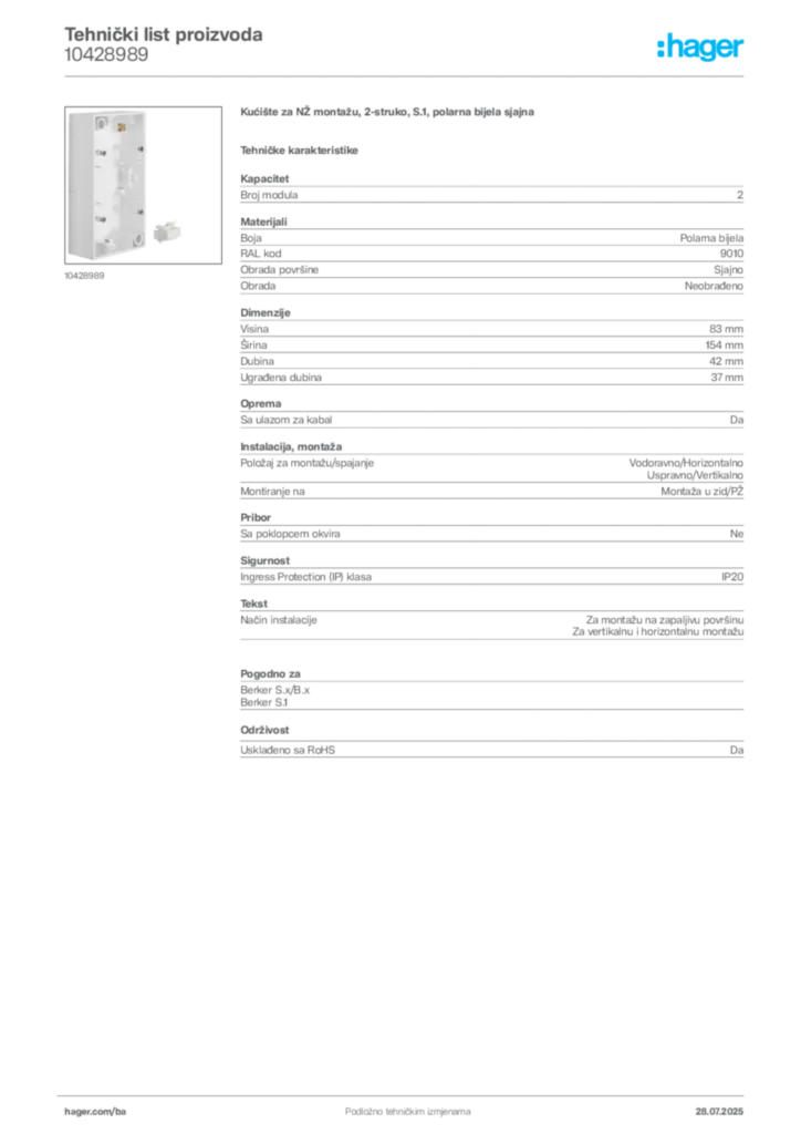 Slika Hager Product data sheet 10428989  | Hager