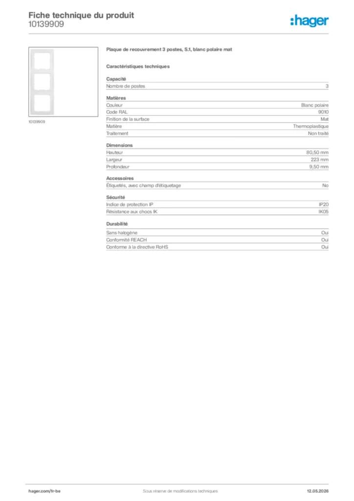 Image Hager Fiche technique du produit 10139909 | Hager Belgique