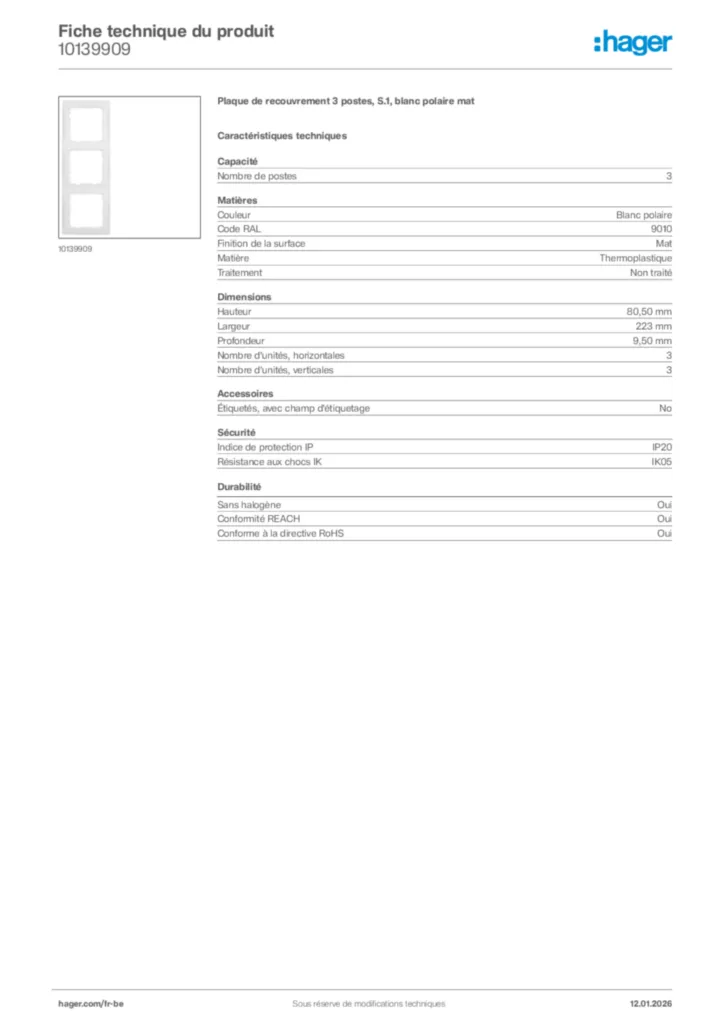 Image Hager Fiche technique du produit 10139909 | Hager Belgique