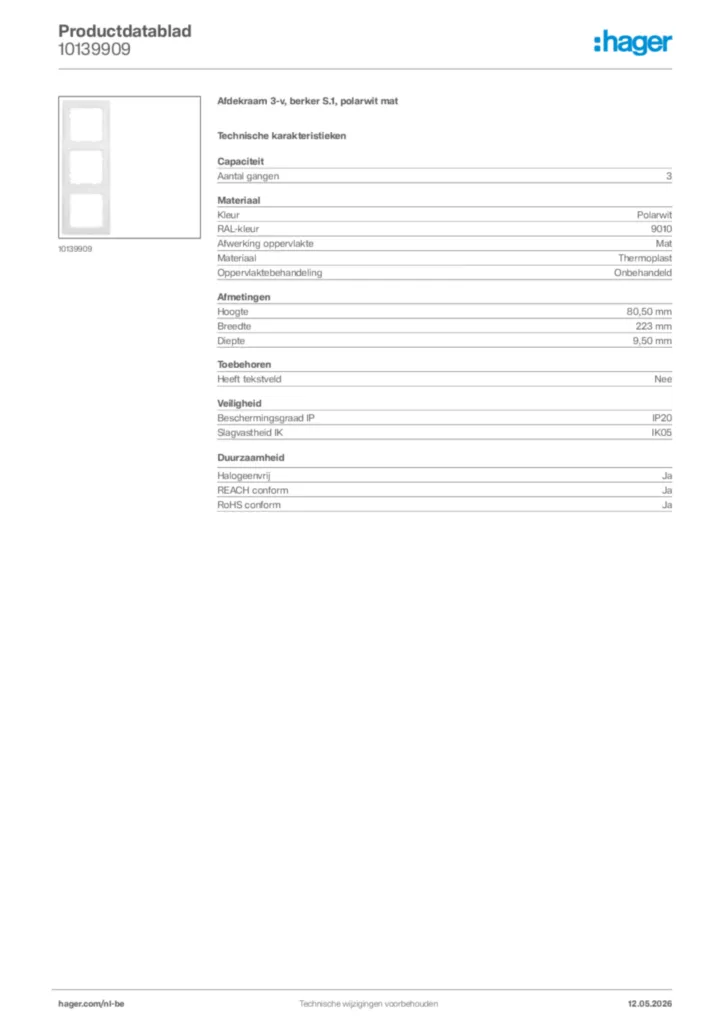 Afbeelding Hager Productdatablad 10139909 | Hager Belgium