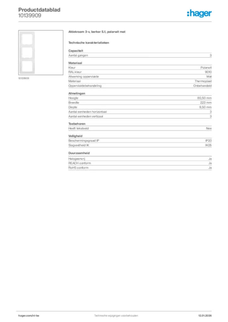 Afbeelding Hager Productdatablad 10139909 | Hager Belgium