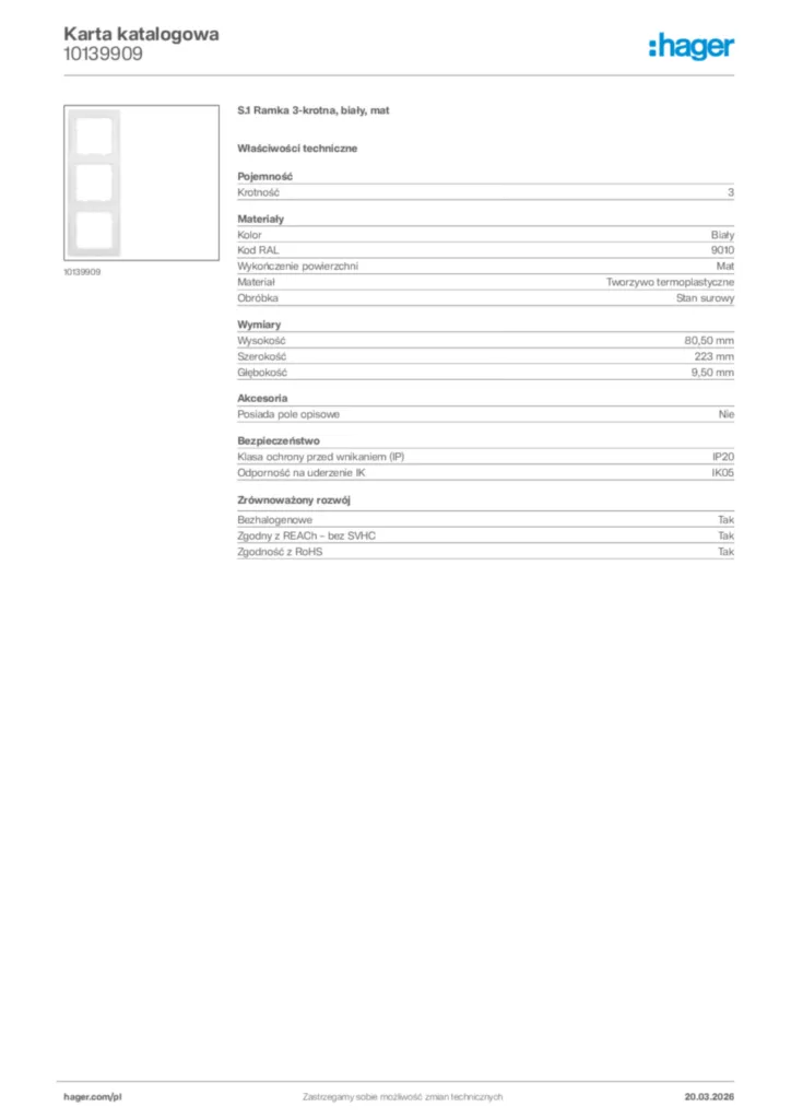 Zdjęcie Hager Karta katalogowa 10139909 | Hager Polska