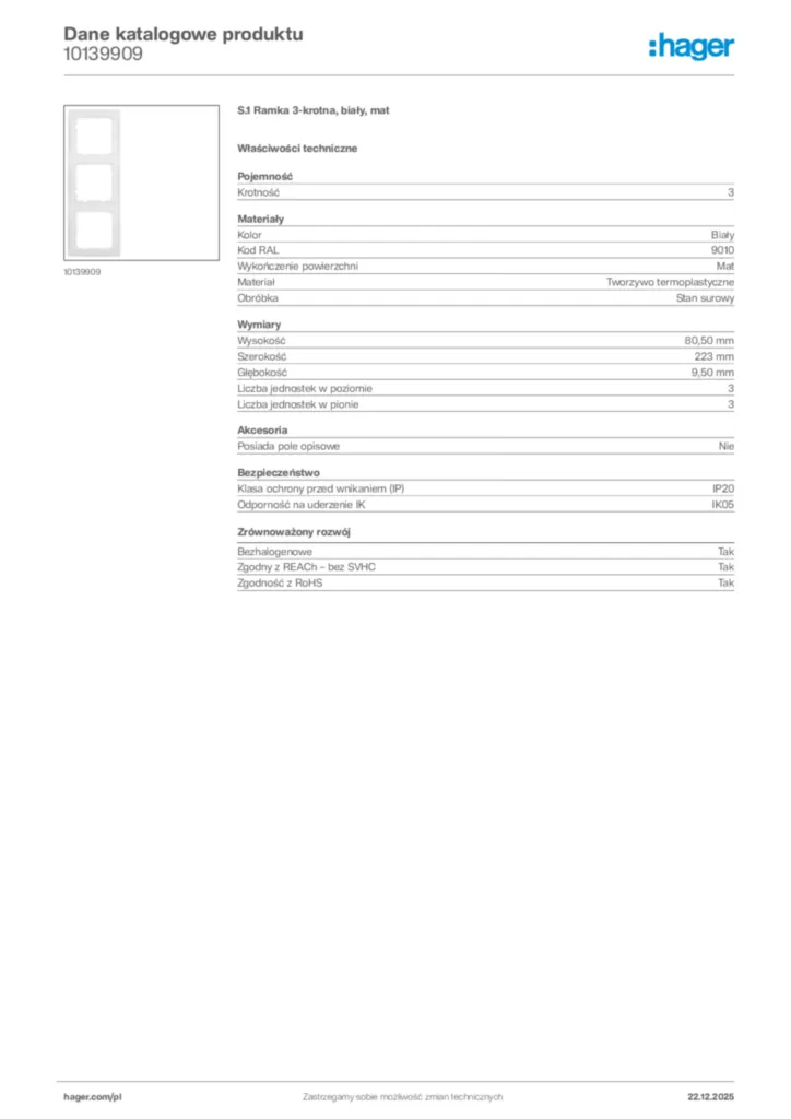 Zdjęcie Hager Dane katalogowe produktu 10139909 | Hager Polska