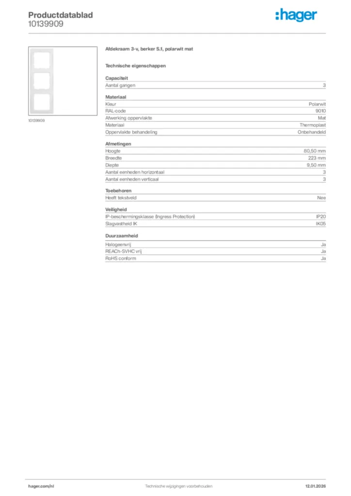 Afbeelding Hager Productdatablad 10139909 | Hager Nederland
