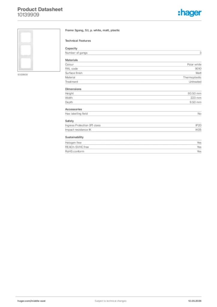 Image Hager Product data sheet 10139909  | Hager