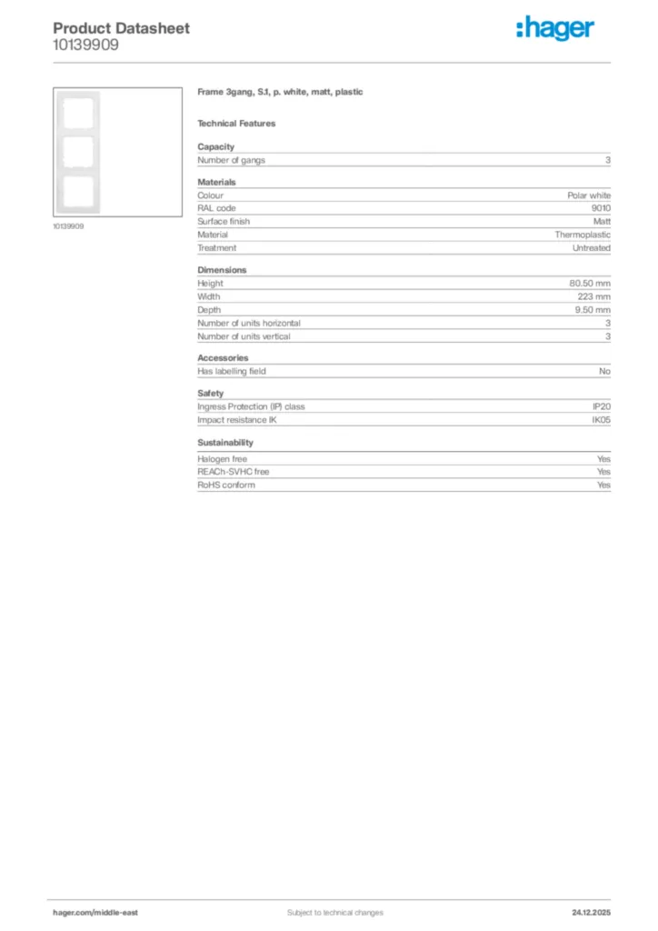 Image Hager Product data sheet 10139909  | Hager