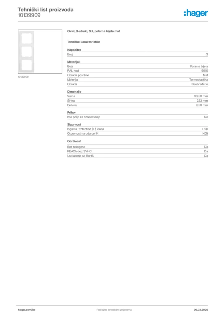 Slika Hager Tehnički list proizvoda 10139909  | Hager