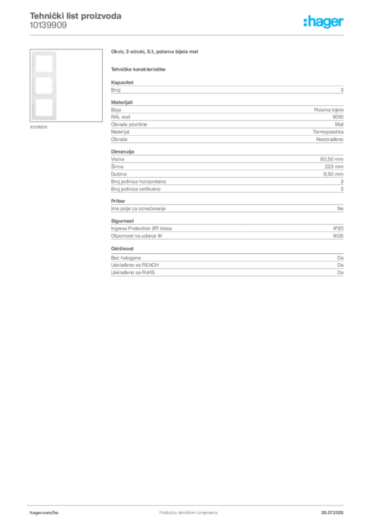 Slika Hager Product data sheet 10139909  | Hager
