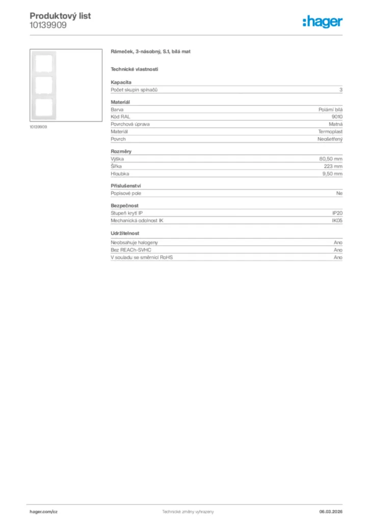 Obrázek Hager Product data sheet 10139909 | Hager