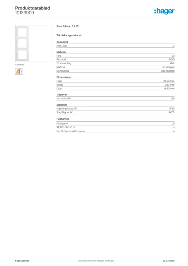 Bild Hager Produktdatablad 10139909 | Hager Sverige