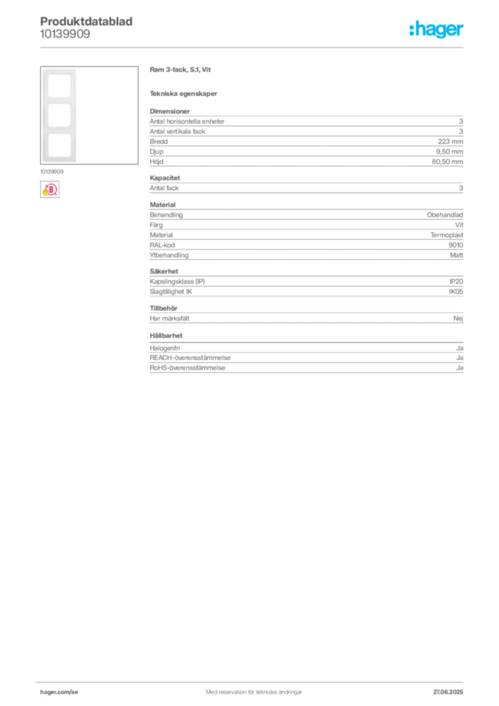 Bild Hager Produktdatablad 10139909 | Hager Sverige