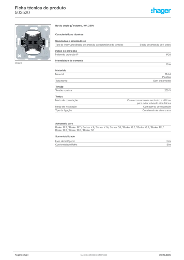 Imagem Hager Ficha técnica do produto 503520 | Hager Portugal