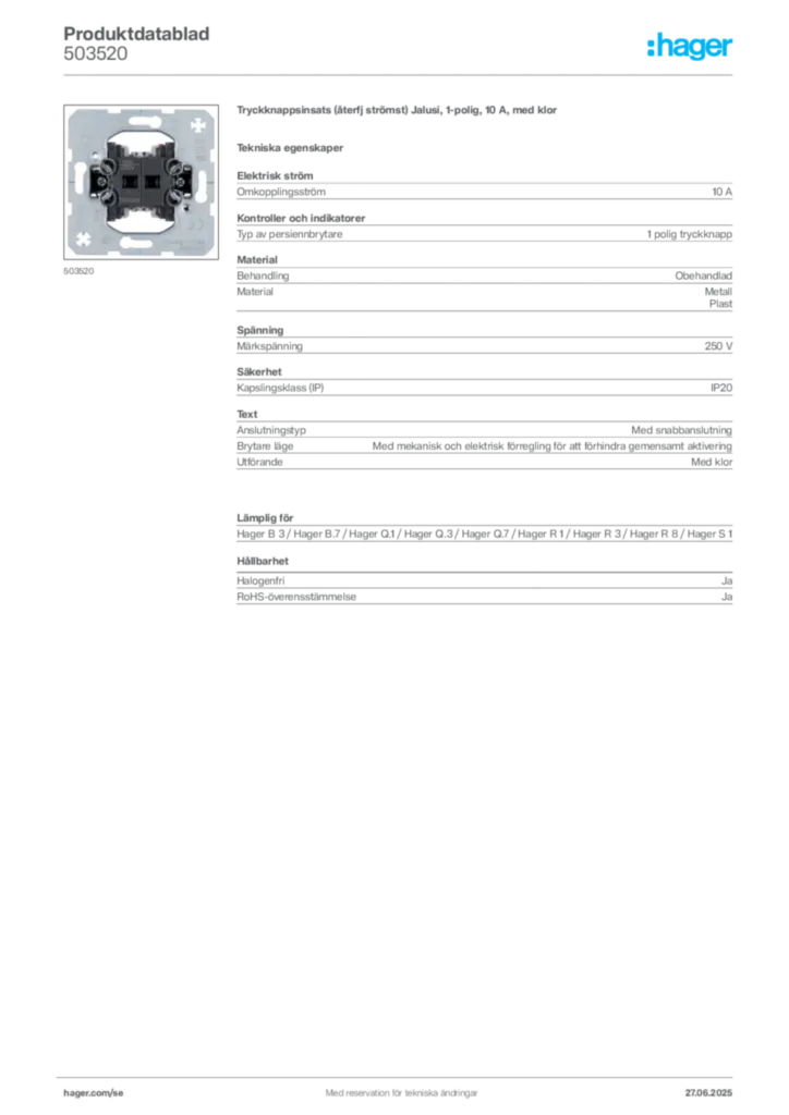 Bild Hager Produktdatablad 503520 | Hager Sverige